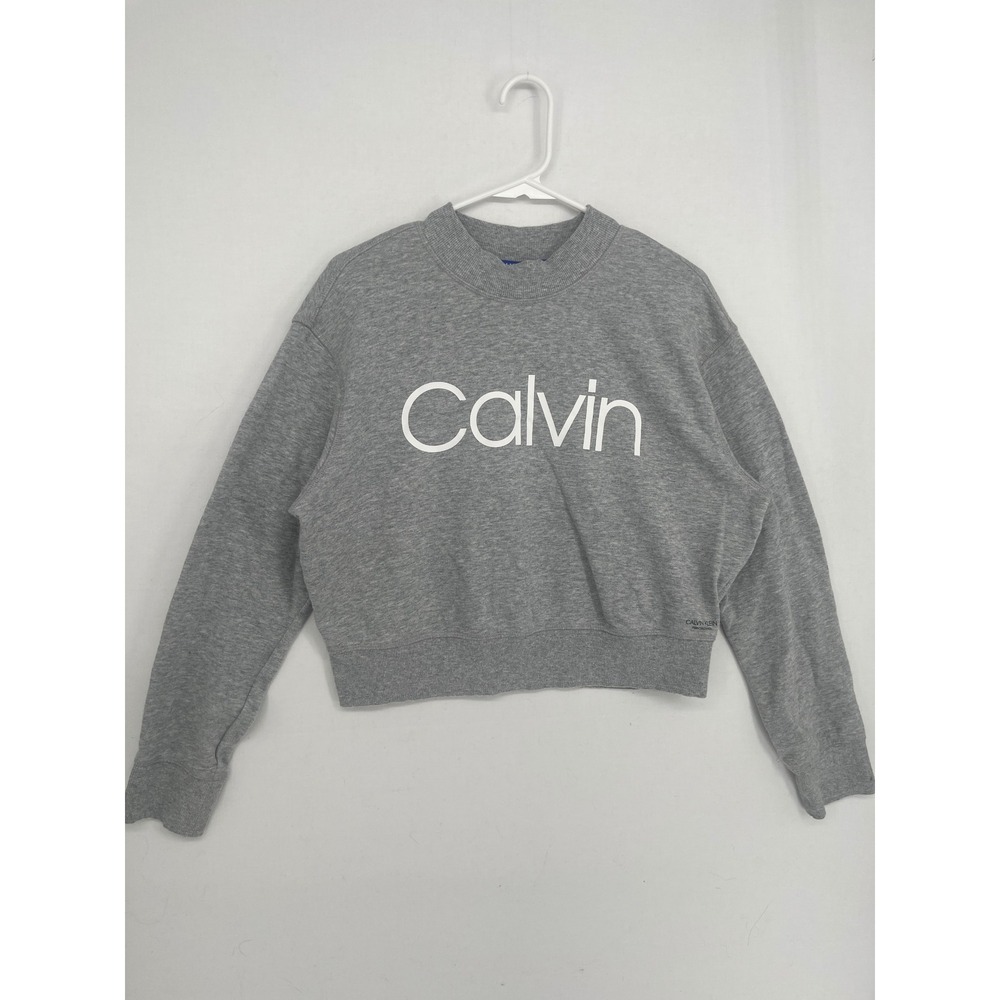 Calvin Klein Performance Women Gray Cropped Logo Sweatshirt Large Mock Neck L
